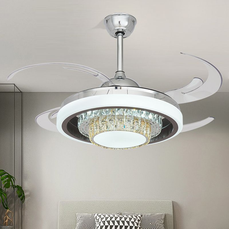 LED Metal Hanging Light Light Modern Silver Round Sala de estar Semi Flush Techo de techo con 4 cuchillas transparentes, 42 "W