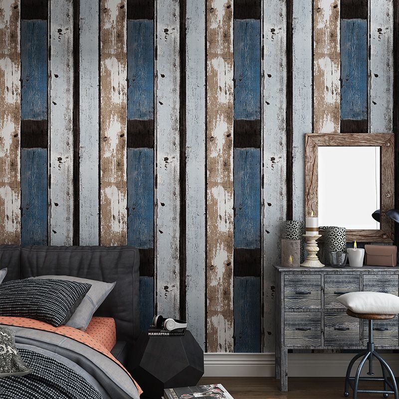 Simple Nostalgic Vertical Wood  and  Inserted Stone Wallpaper, Non-Pasted