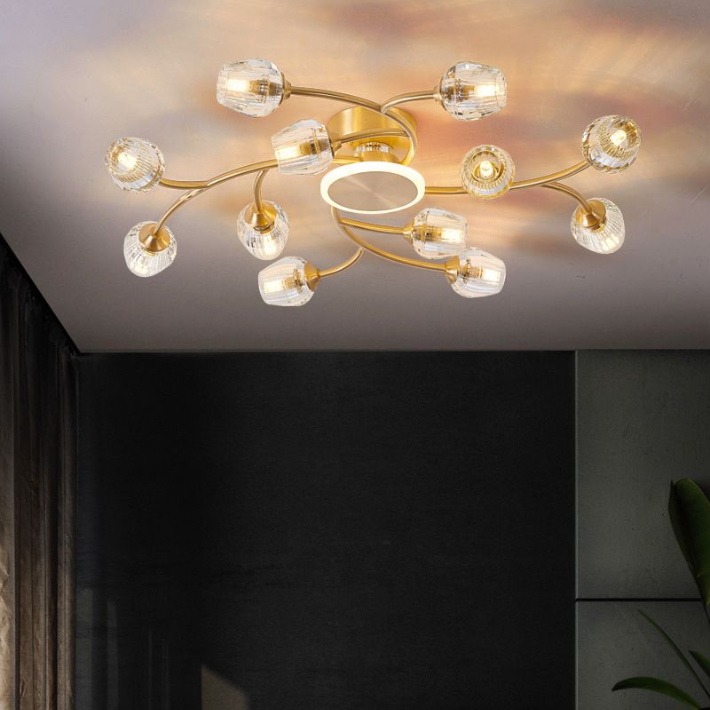 Copper Multi-head Semi Flush Mounted Ceiling Led Lights Glass Shade Modern Radial Metal Semi Flush Light