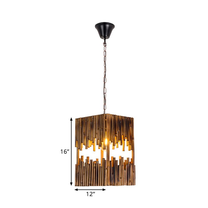 Bamboo Tube Cuboid Suspension Light Industrial 1 Bulb Restaurant Ceiling Pendant Lamp in Brown