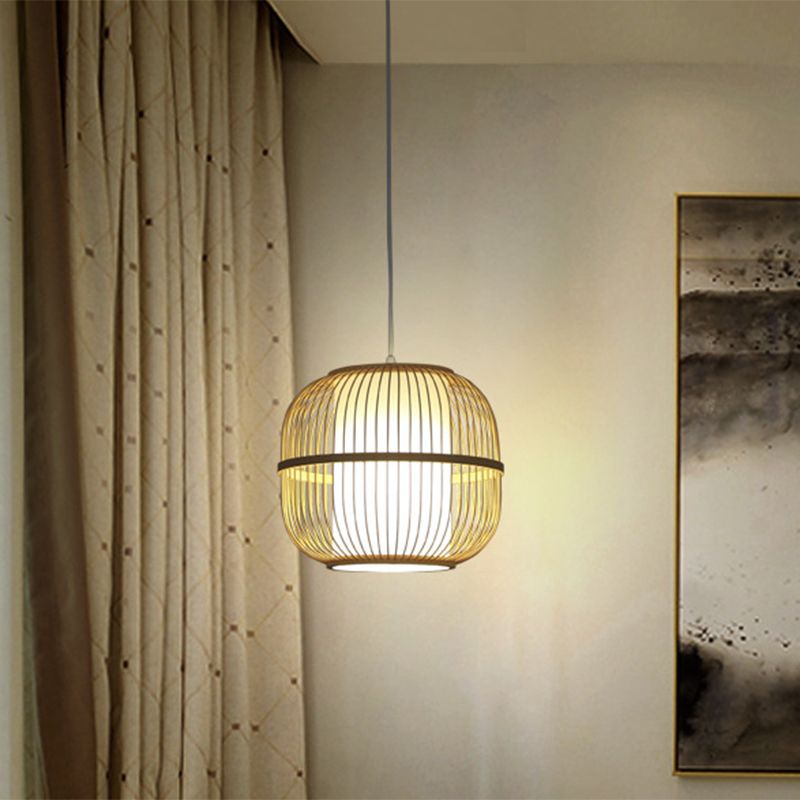 Beige Oblong Ceiling Fixture Contemporary Style 1-Light Bamboo Pendant Lamp with Inner Cylindrical Shade