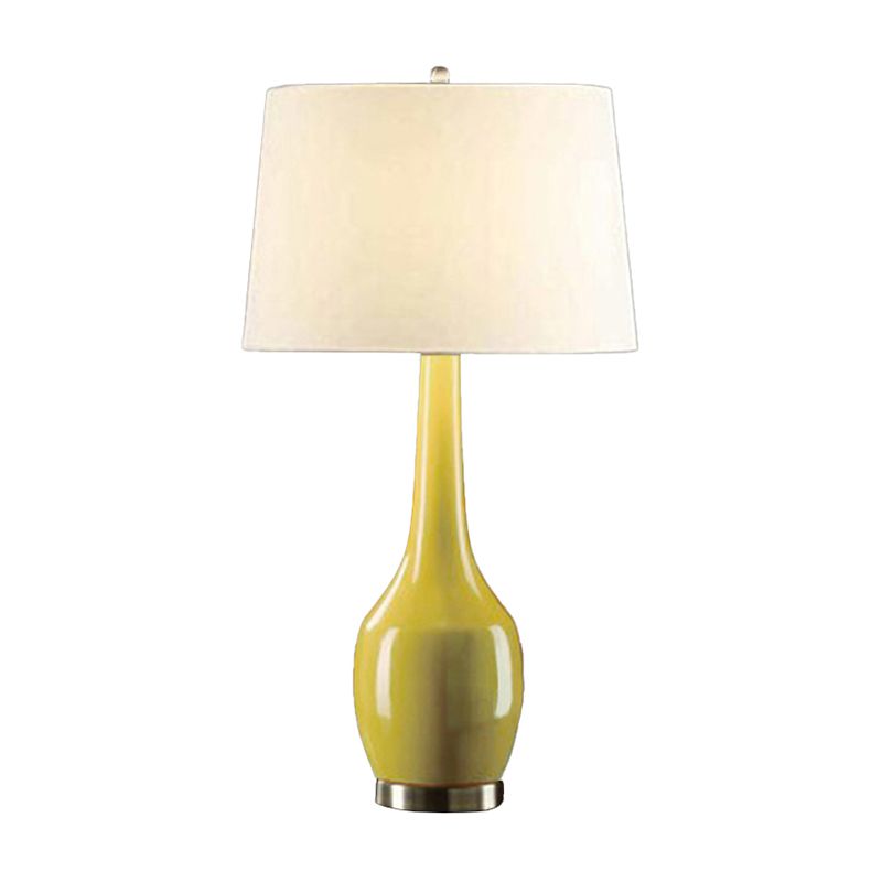 Tapered Drum Fabric Table Light Modern 1-Light Yellow/Blue/Orange Nightstand Lamp with Long Neck Vase Base