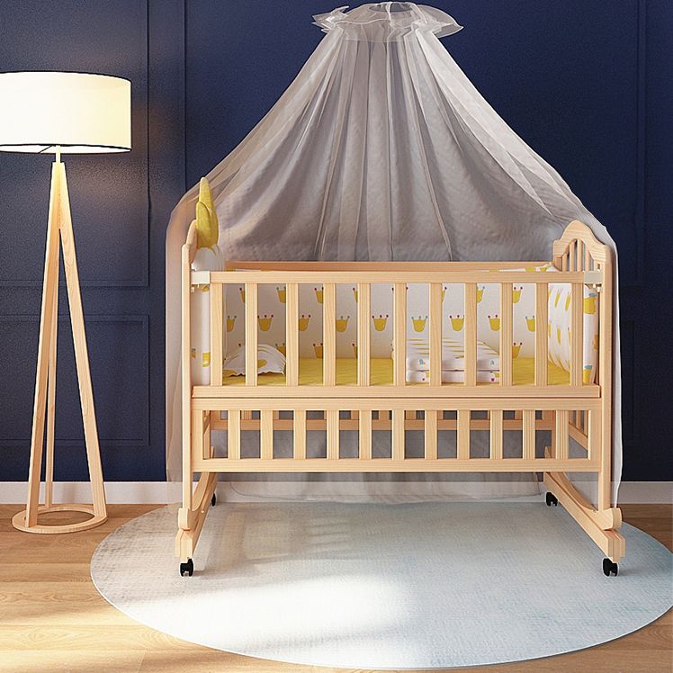 Washed Natural Wood Baby Crib Modern Nursery Crib with Casters/Wheels