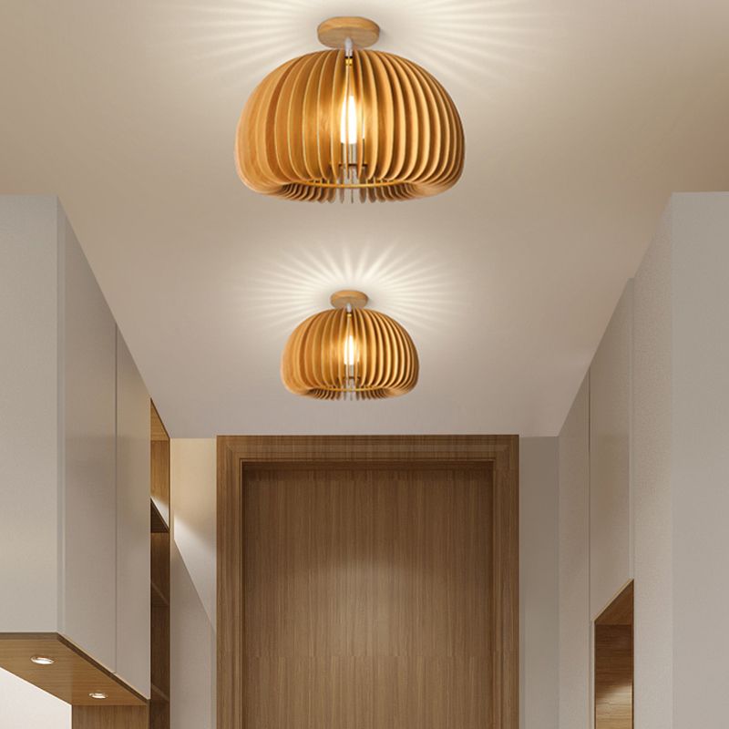 Modern Flush Mount Pumpkin Shape Ceiling Light with Wood Shade for Living Room