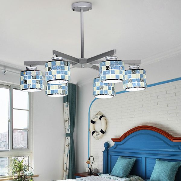 Modern Mosaic Hanging Ceiling Light 6 Lights Blue/Yellow Glass Hanging Chandelier in Chrome Finish