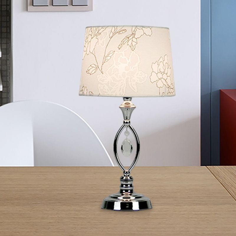 Fabric Barrel Shade Nightstand Lamp Modern Style 1 Head White/Red/Black and White Desk Light with Crystal Drop