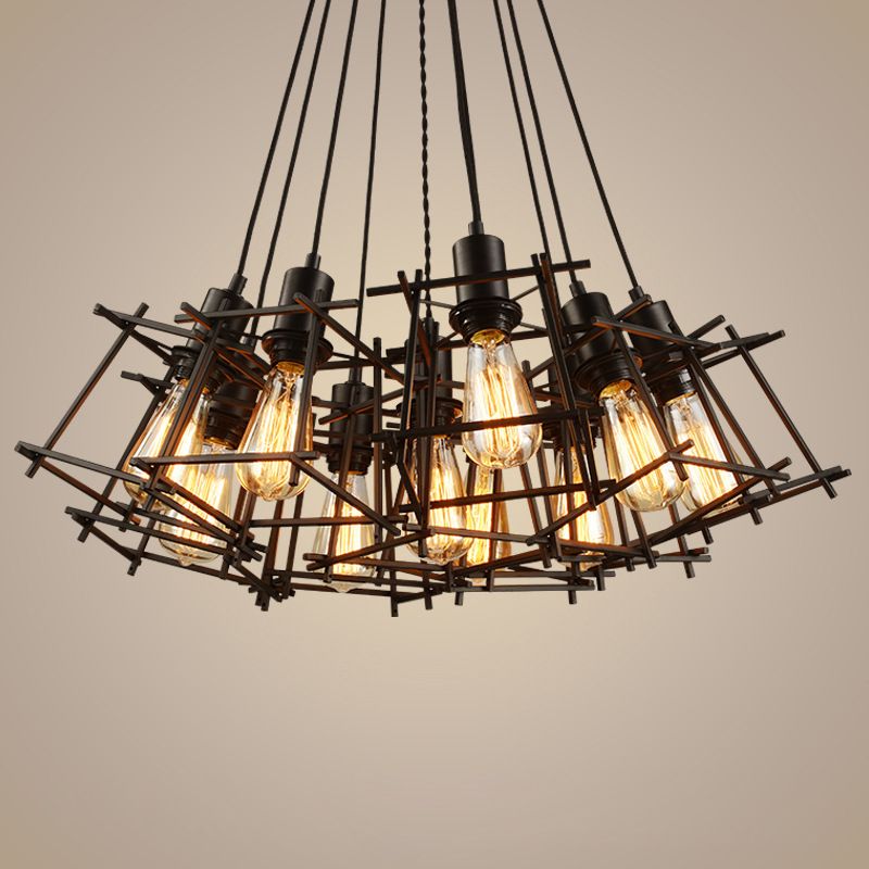 Metal Square Caged Hanging Chandelier Industrial 10-Light Dining Room Pendant Light in Black