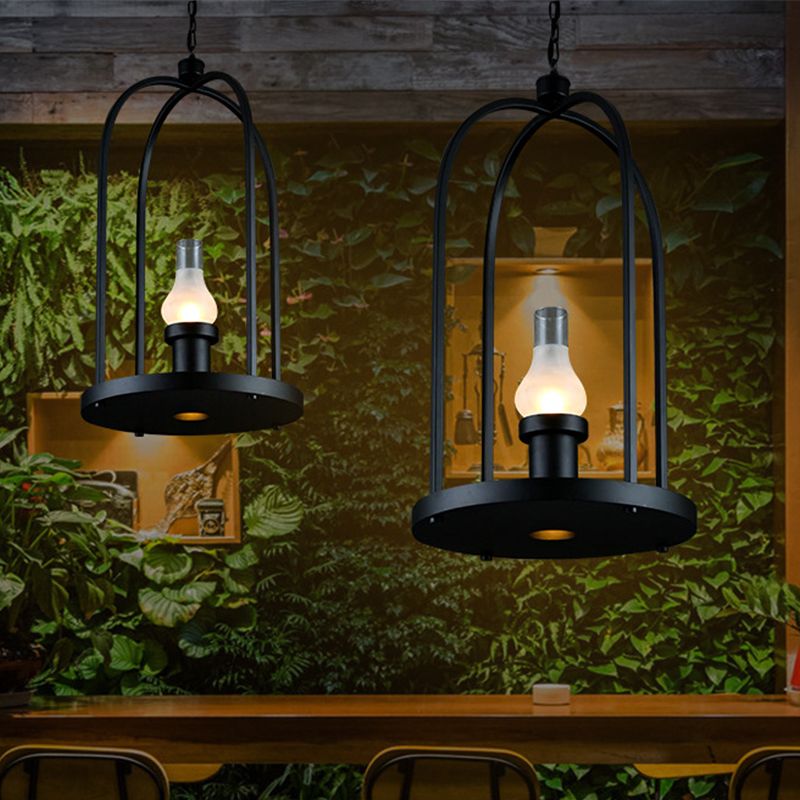 Bulb-Shape Frosted Glass Hanging Pendant Factory Style 1 Bulb Country Club Suspension Lamp with Birdcage Frame in Black