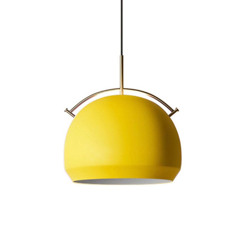 Aluminum Dome/Bell Drop Lamp Macaron 1 Bulb Hanging Pendant Light in Yellow/Pink/Blue with Curved Handle