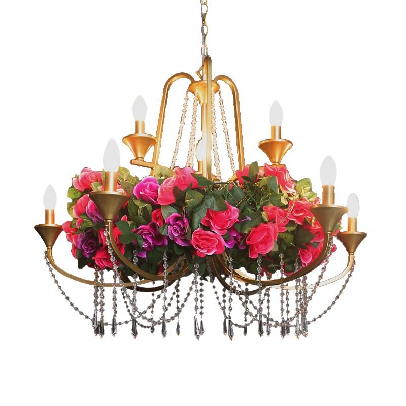 9 Lights Pendant Chandelier Antique Candelabra Iron Flower Ceiling Hang Fixture with Clear Crystal in Gold