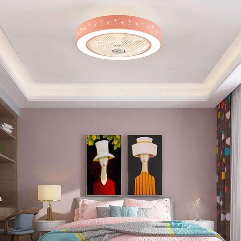 Macaron Hollowed-out Ceiling Fan Light Metal Bedroom LED Semi Flush Mount Lighting Fixture