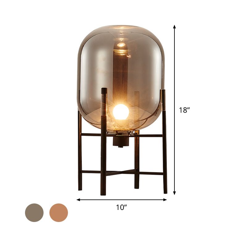 Oval Night Lighting Modern Smoke Gray/Cognac Glass Shade 1-Light Restaurant Nightstand Lamp with Vertical Metal Base