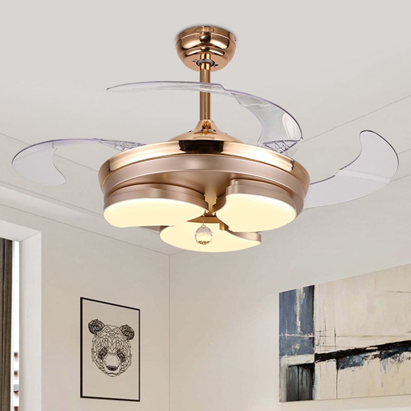 3/6 Leaf LED Ceiling Cooler Fan Modern Style Metal Rose Gold Semi Flush Mount Lamp with Crystal Drop, Frequency Conversion/Remote Control/Wall Control