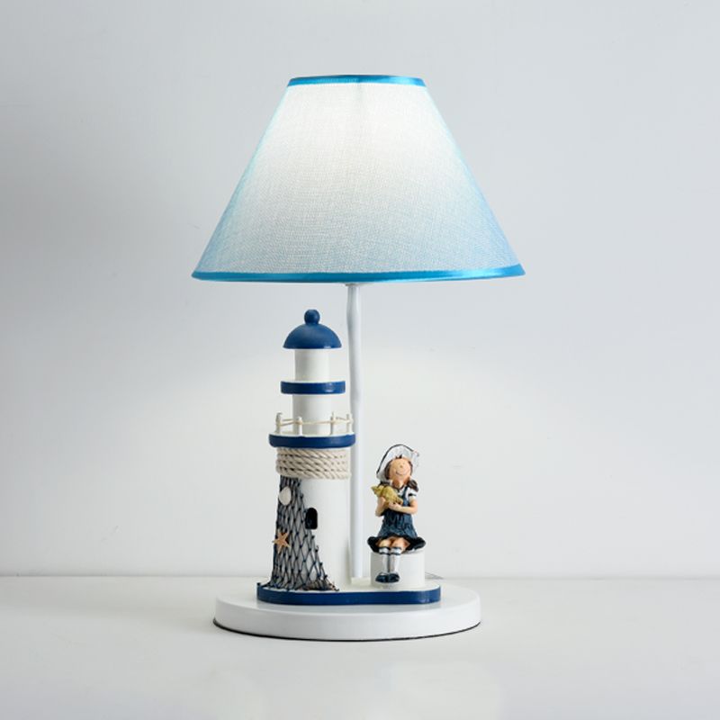 Boy/Girl and Lighthouse Table Light Cartoon Resin 1 Light White/Blue Night Stand Lamp with Tapered Shade