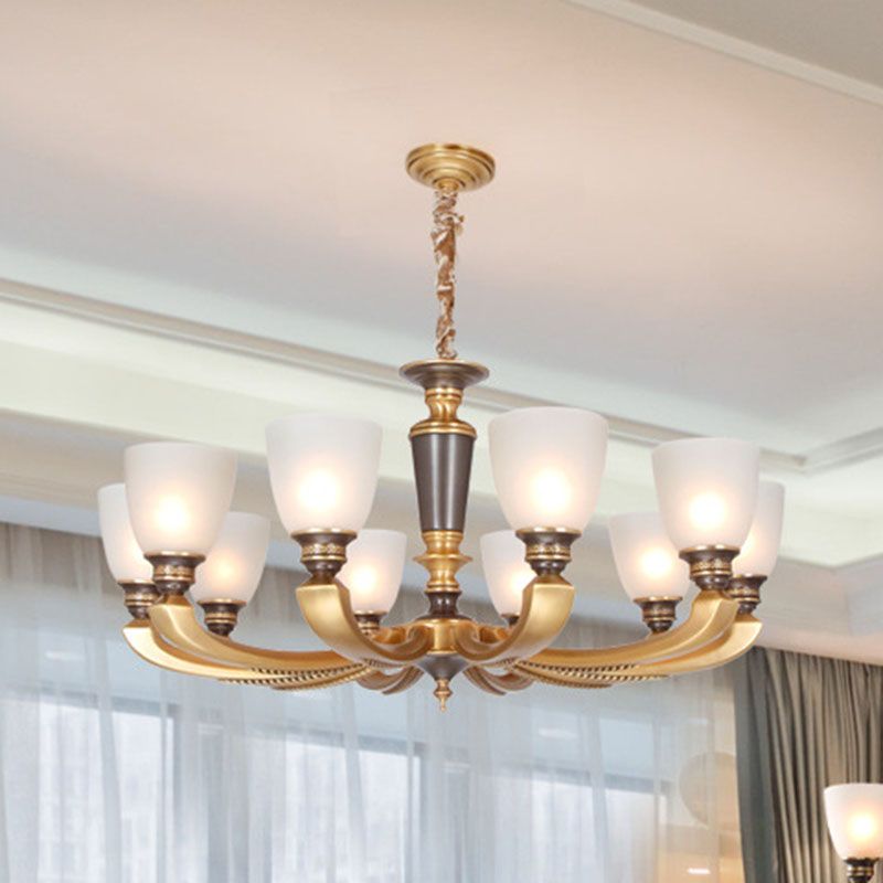 Simplicity Chandelier Lamp Brass Bowl Suspension Lighting Fixture with White Frosted Glass Shad