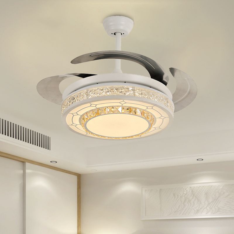 Modern Style Round Ceiling Fan Light Carved Clear Crystal White LED Semi Mount Lamp with/without Bluetooth