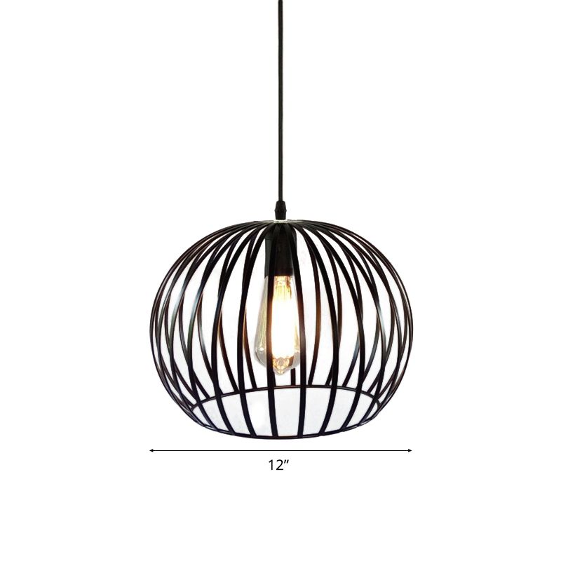 12"/14" Wide Globe Cage Metal Ceiling Light Industrial 1 Bulb Living Room Pendant Lighting in Satin Black