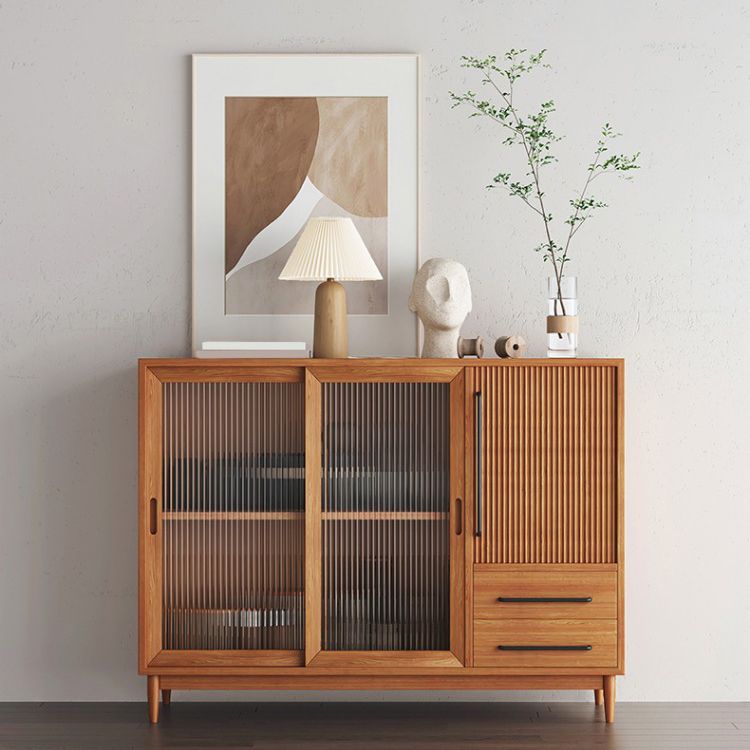 Modern Style Dining Server Pine Solid Wood Living Room Server with Glass Doors