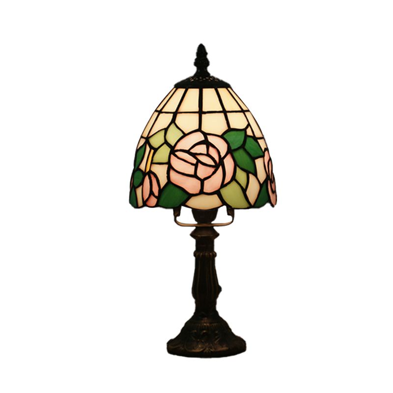 Dome Shape Nightstand Lighting 1-Light Stained Glass Baroque Style Blossom Patterned Table Lamp in Red/Pink/Orange