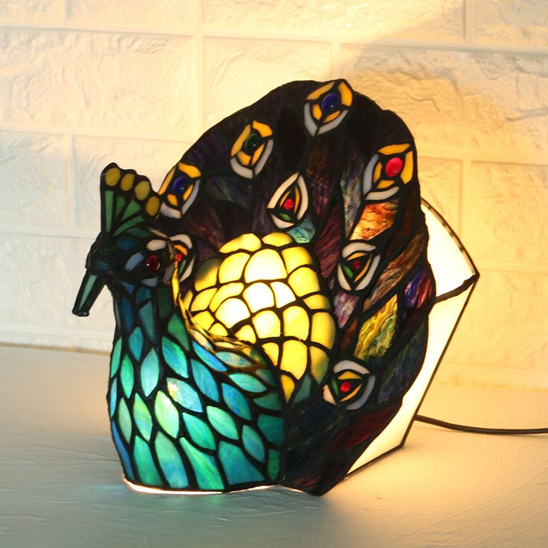 Blau 1-Kopf-Nachtlampe Mediterraner Kunstglas Peacock-Form-Tischbeleuchtung