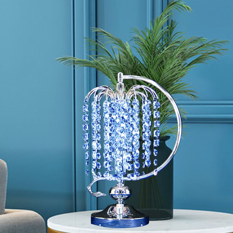 1-Head Drooping Tassel Night Light Retro Pink/Yellow/Blue Crystal Table Lighting with Polished Chrome C Arm