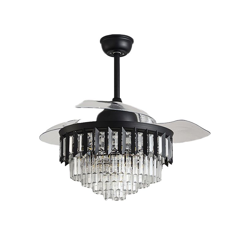 Layered Crystal Black/Gold Ceiling Fan Tapered Drum 3-Blade Postmodern LED Semi Flush Light, 42.5" Width