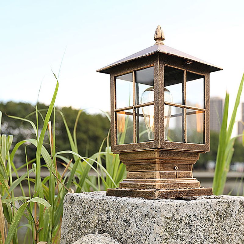 Metallic Lantern Shaped Landscape Light Retro 1 Bulb Outdoor Post Lighting with Clear Glass Shade