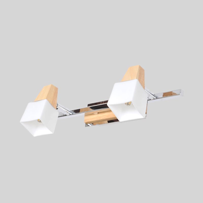 Beige Cube tocador lámpara de luz modernista lámpara de montaje de pared de vidrio blanco de 2 luces con tapa de madera