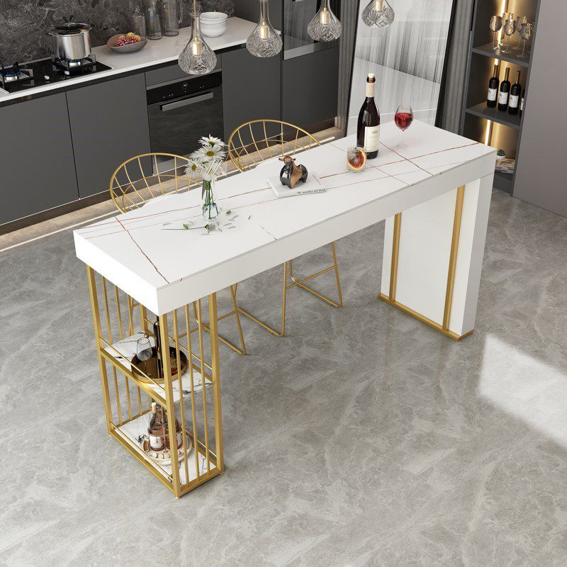 Stone Bar Dining Table Glam Rectangle Bar Table with Storage Racks for Kitchen