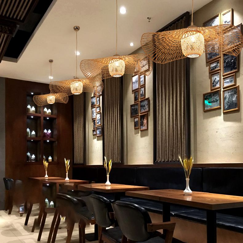 Chinese Twist Pendant Lighting Fixtures Rattan Hanging Light with Hanging Cord for Restaurant