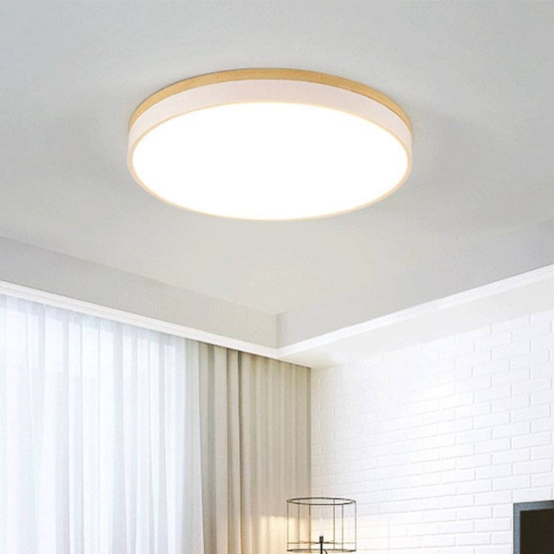 White Round Ceiling Light Fixture Minimalism LED Acrylic Flushmount with Wood Canopy, 12"/16"/19.5" W