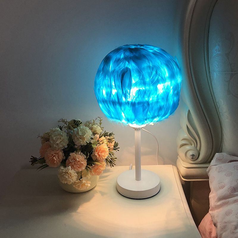 Handmade Sphere Feather Table Light Nordic Style 1-Light White/Pink/Rose Red Nightstand Lamp with Plug-in Cord