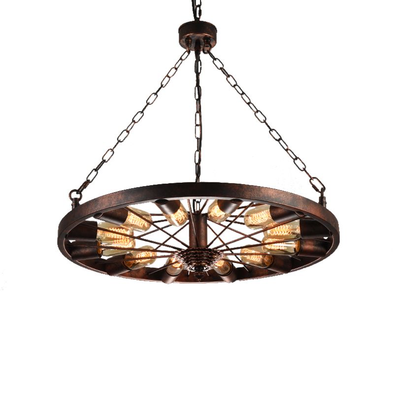 Metal Rust Pendant Lamp Wheel 12-Light Industrial Chandelier Light Fixture with Chain