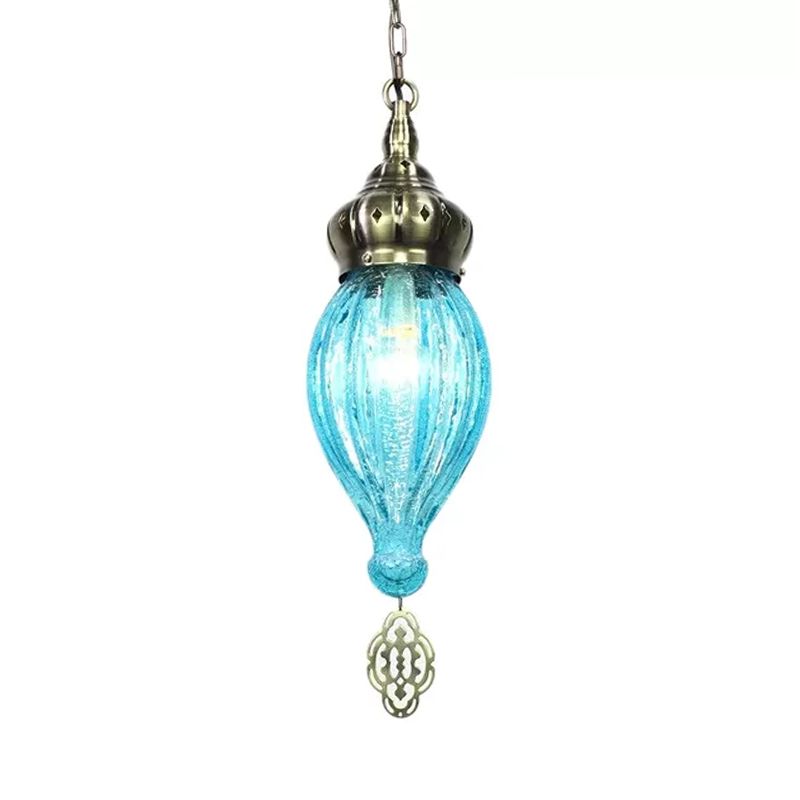 Traditional Droplet Hanging Lamp Blue/Green/Taupe Ribbed Glass 1/4 Bulbs Suspension Light for Bedroom