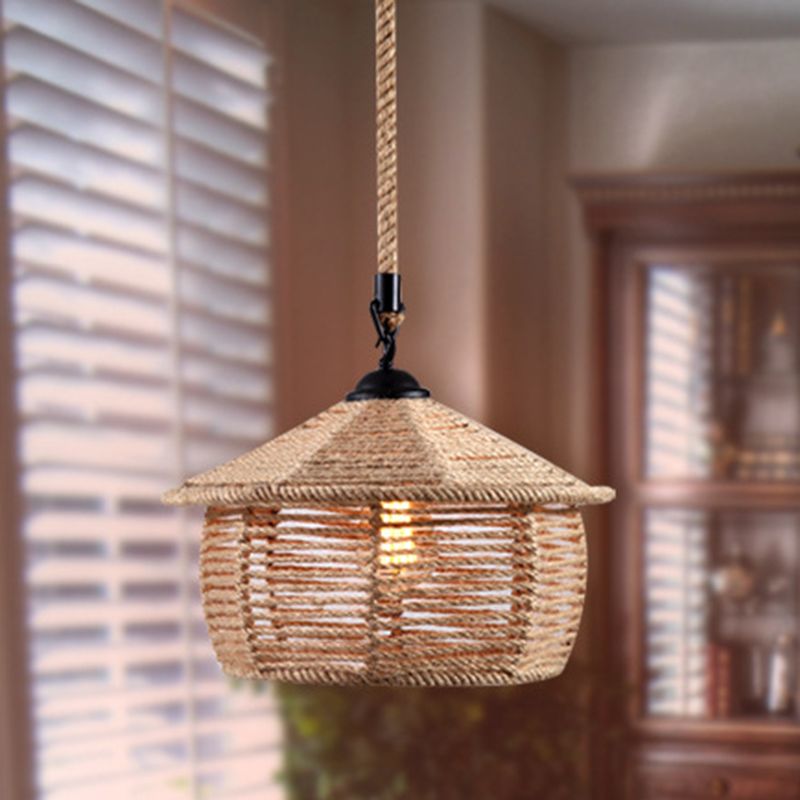 Vlaxen Single-Bulb Hanging Lamp Industrial Style Hemp Rope Caged Lighting Pendant