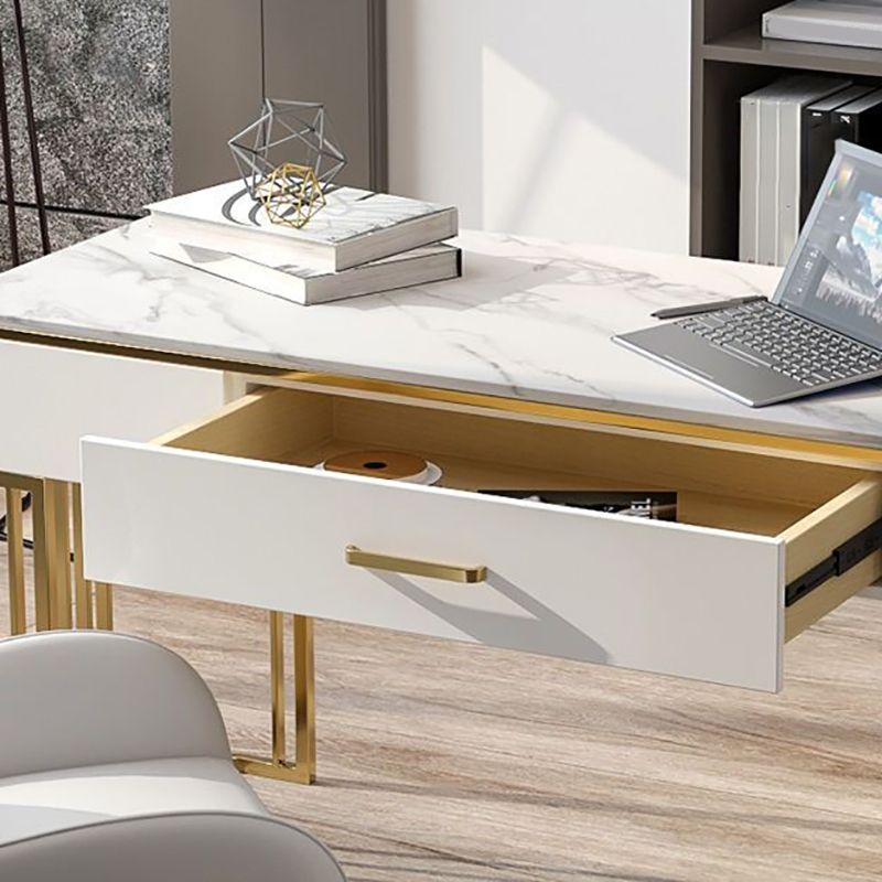 Stone Curved Office Desk Glam 1 Drawer Writing Desk with Sled Base