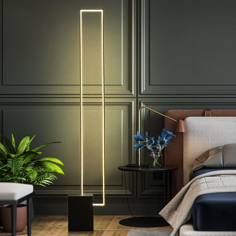 Metallic Rectangle Frame Reading Floor Lamp Minimal LED Black Standing Light for Bedroom