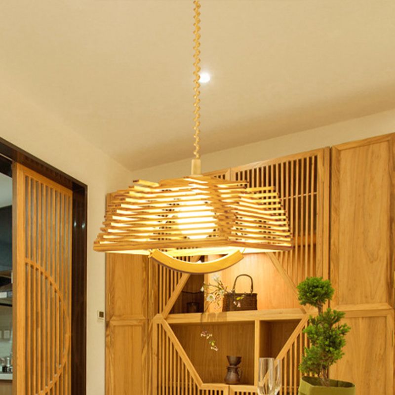 Laser Cut Pendant Lighting Japanese Wood 1 Head Ceiling Hanging Light in Beige with Spring