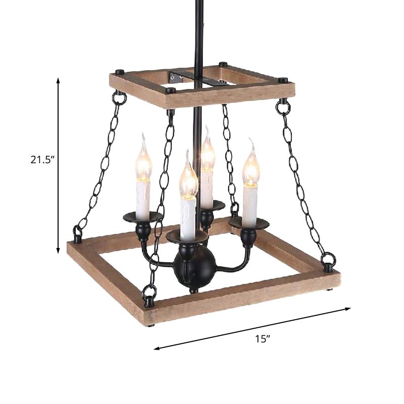 Brown Trapezoid Chandelier Lamp with Flameless Candle Farmhouse Metal and Wood 4-Light Kitchen Hanging Lamp