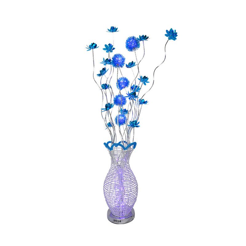 Blue LED Curvy Line Floor Light Art Decor Aluminum Urn Floor Standing Lamp with Floral Decor