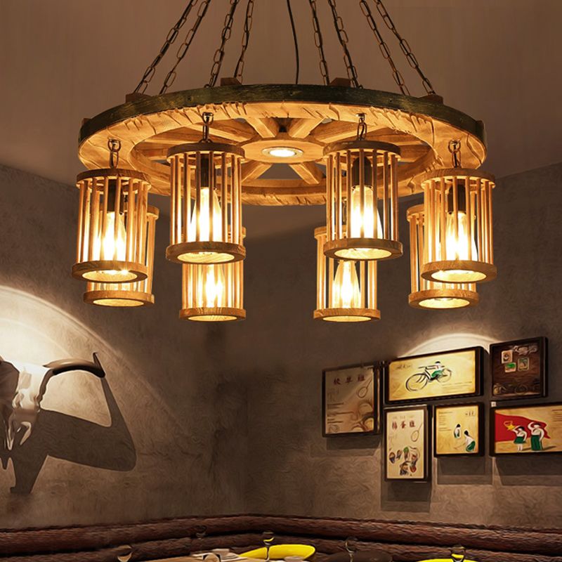 Retro Cylinder Chandelier Light Fixture 8-Bulb Wood Ceiling Pendant with Wheel for Living Room