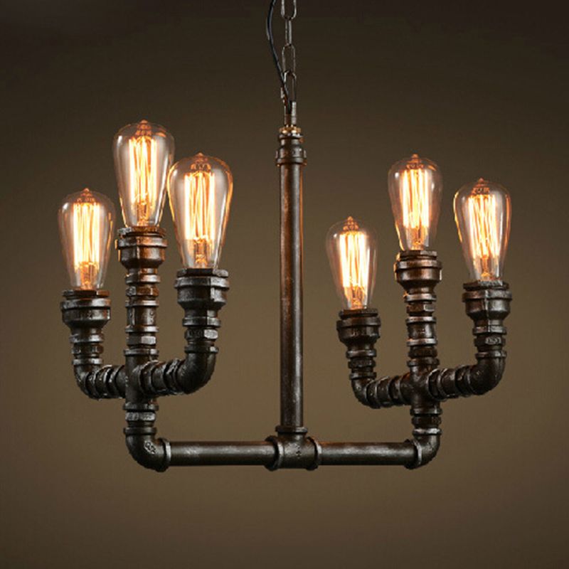 Metal Rust Chandelier Pendant Light Open Bulb 6 Heads Vintage Industrial Hanging Lamp with Pipe