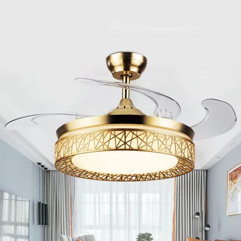 Gold Nest Shaped 4 Blades Semi-Flush Mount Simple LED Metallic Ceiling Fan Light, 19" Wide