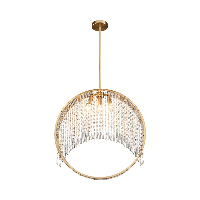 Postmodern Stylish Circle Drop Pendant 3-Light Iron Chandelier in Gold with Crystal Drapes