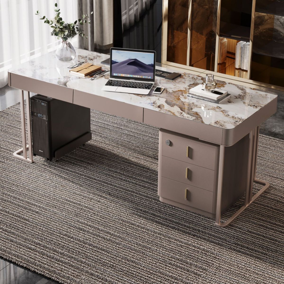 Glam Curved Writing Desk Cable Management Office Desk with 3 drawers