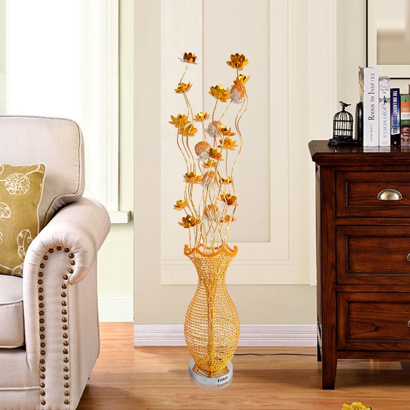 Gold LED Floor Light Decorative Aluminum Hollowed Vase Standing Lamp with Little Bloom Decor for Bedroom