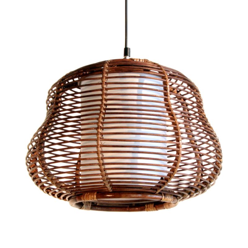 Lampada a ciondolo di zucca marrone Asia 1 lampadina Bamboo Afferma del soffitto con ombra tubolare bianca interna