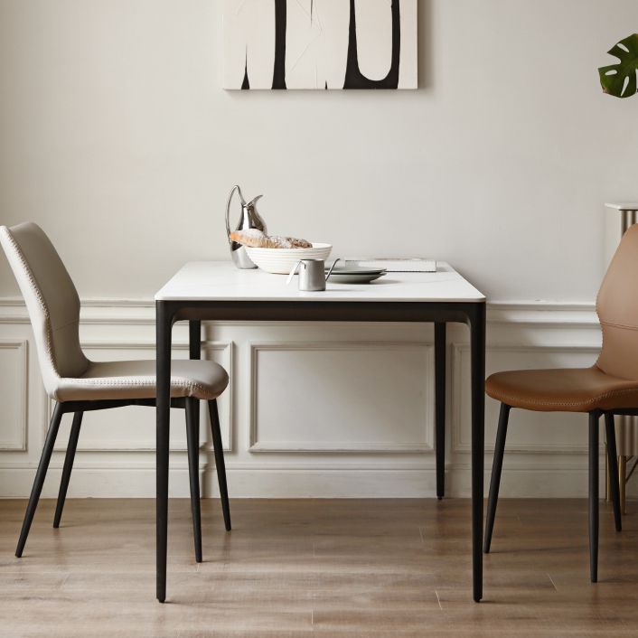 Modern White Rectangular Stone Top Dining Table with 4 Metal Black Legs