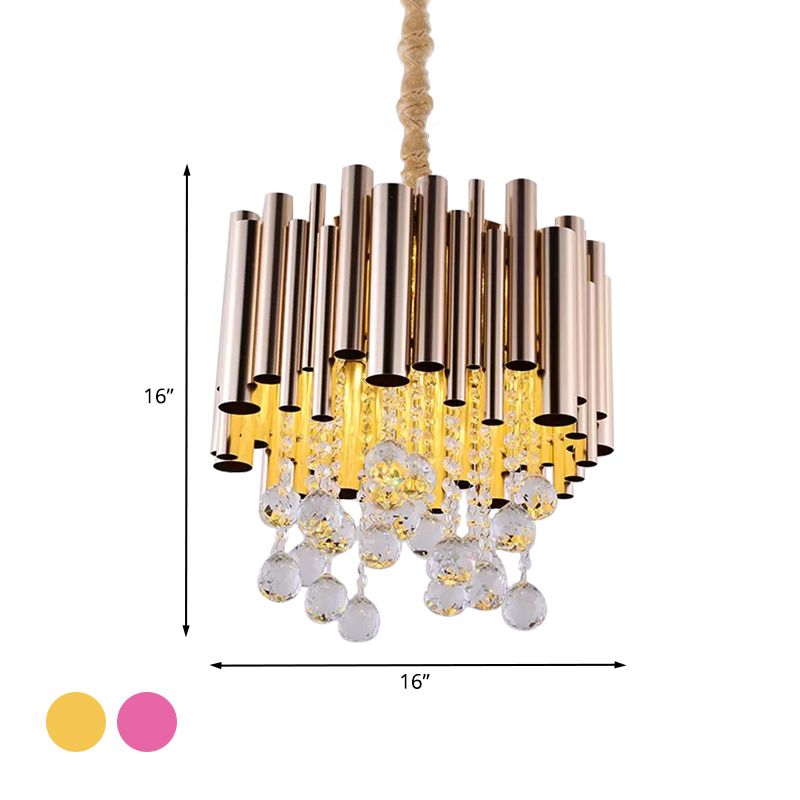 Luminaire de lustre en métal à tube mince moderniste 6 lumières Gold / rose rouge finition pendule lampe avec déco à boule de cristal