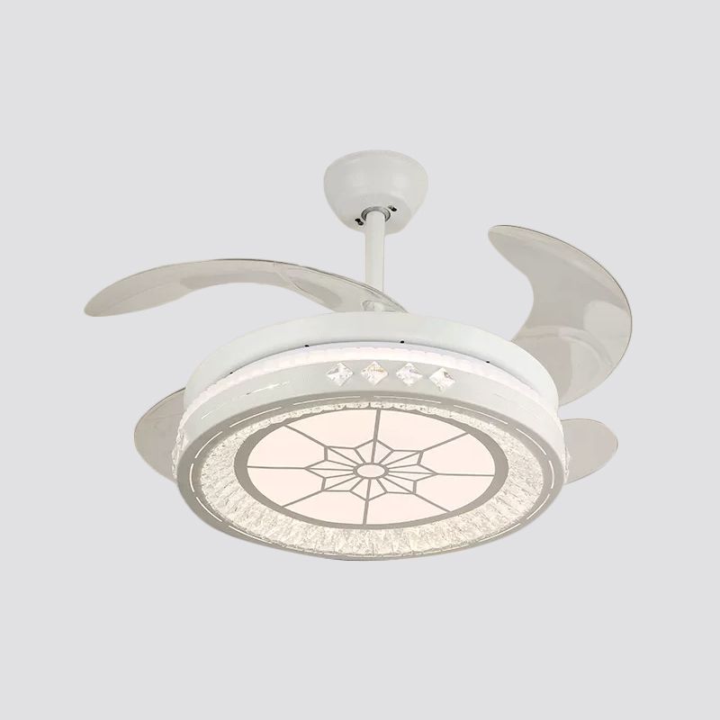 Simple 19" Wide LED Semi Flush Ceiling Light White Round Pendant Fan Lamp with Acrylic Shade, 4 Blades